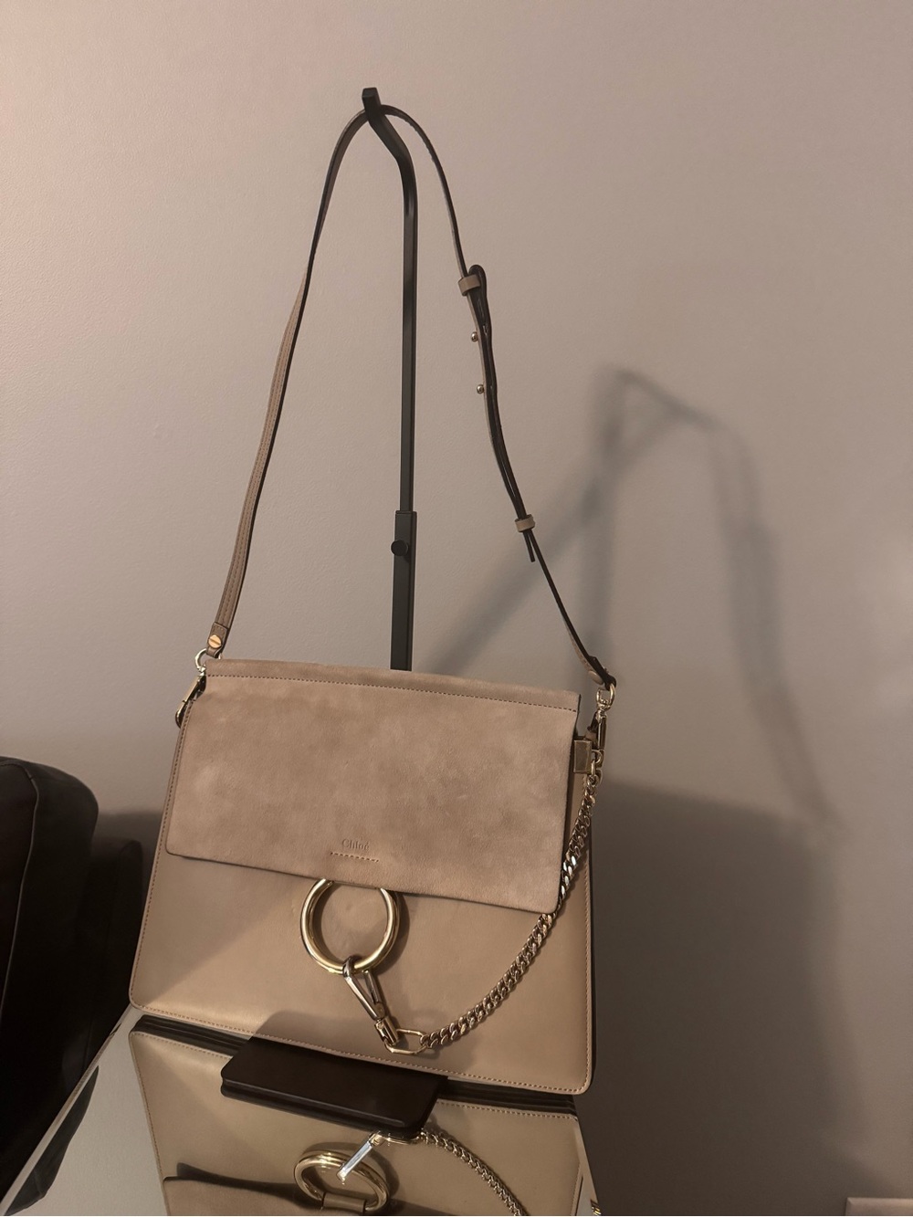 Chloe Beige and Gold Shoulder Bag with Ring Chain Detail